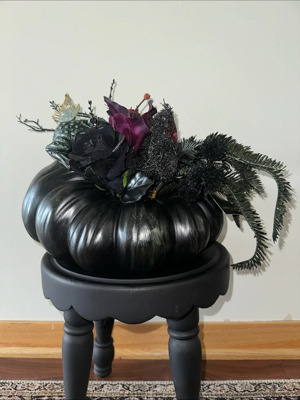 Halloween Black Decorative Pumpkin toad with butterfly Floral Arrangement